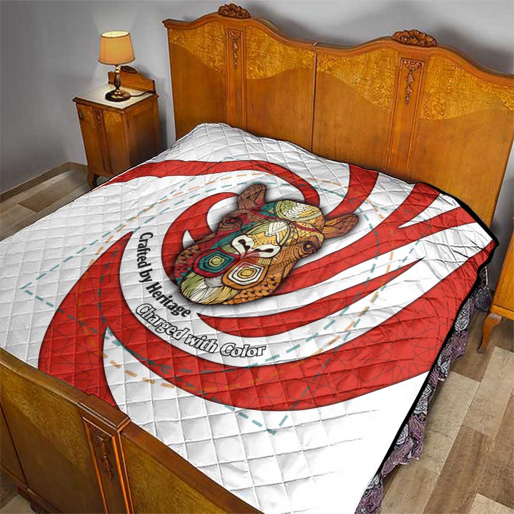 Bahrain Tribal Camel Quilt with Red Mosaic Swirl and Heritage Slogan