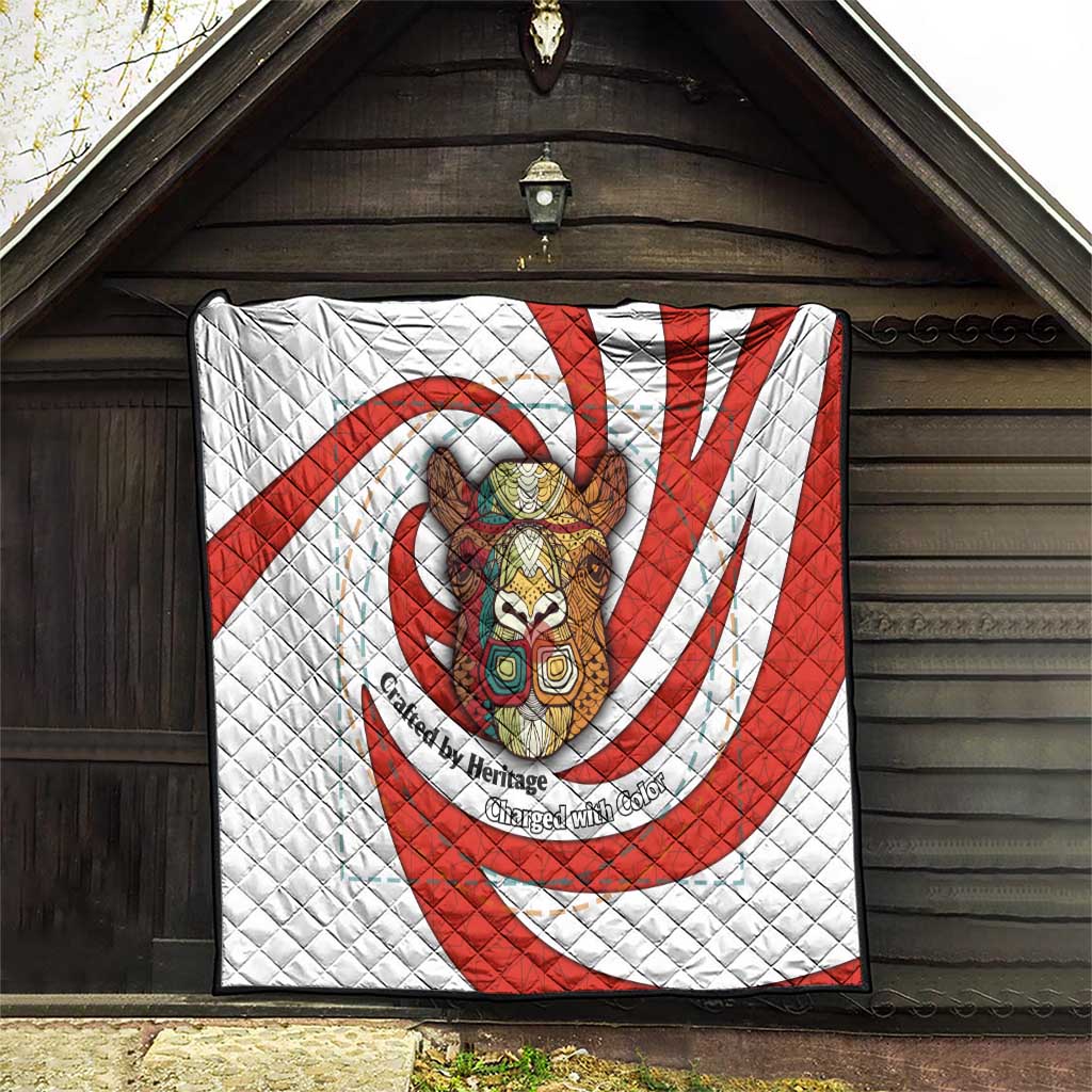 Bahrain Tribal Camel Quilt with Red Mosaic Swirl and Heritage Slogan
