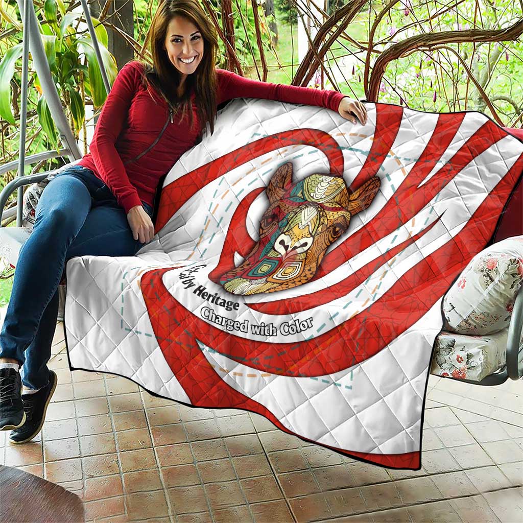 Bahrain Tribal Camel Quilt with Red Mosaic Swirl and Heritage Slogan
