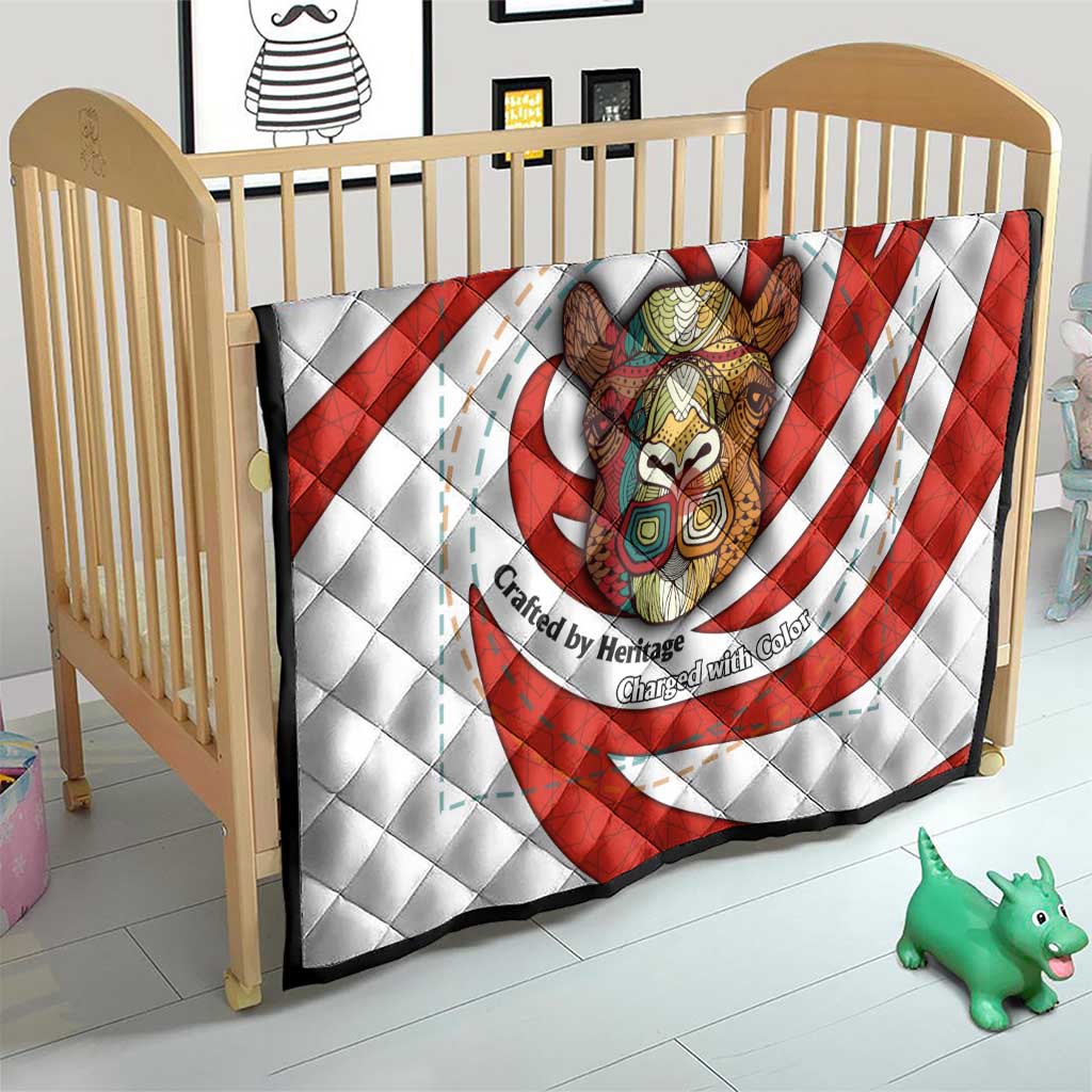 Bahrain Tribal Camel Quilt with Red Mosaic Swirl and Heritage Slogan