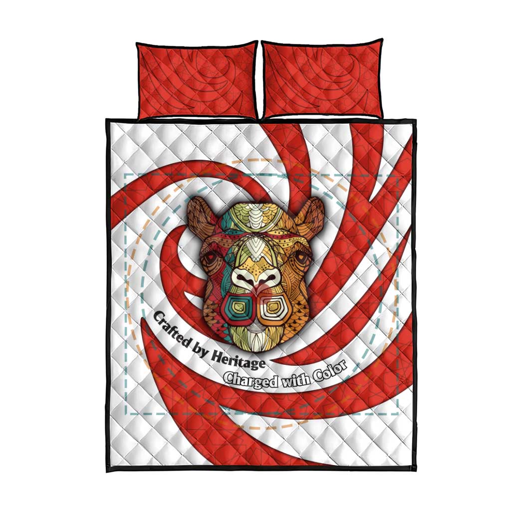 Bahrain Tribal Camel Quilt Bed Set with Red Mosaic Swirl and Heritage Slogan