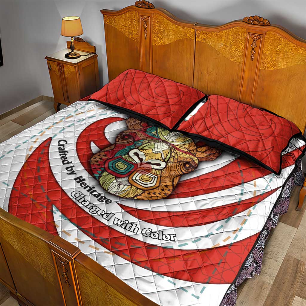Bahrain Tribal Camel Quilt Bed Set with Red Mosaic Swirl and Heritage Slogan