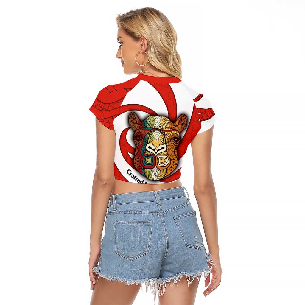 Bahrain Tribal Camel Raglan Cropped T Shirt with Red Mosaic Swirl and Heritage Slogan