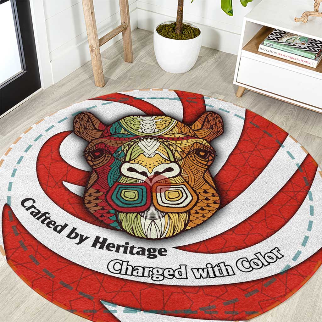 Bahrain Tribal Camel Round Carpet with Red Mosaic Swirl and Heritage Slogan