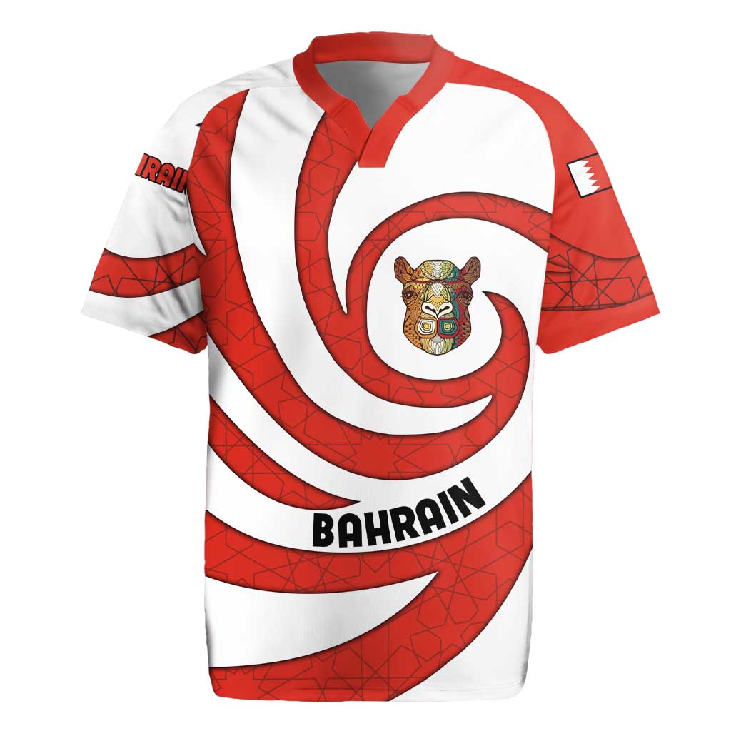 Bahrain Tribal Camel Rugby Jersey with Red Mosaic Swirl and Heritage Slogan