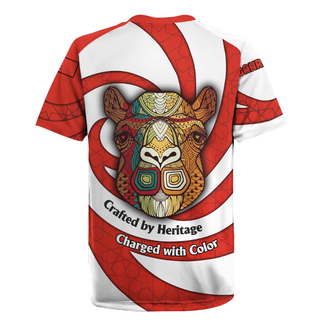 Bahrain Tribal Camel Rugby Jersey with Red Mosaic Swirl and Heritage Slogan