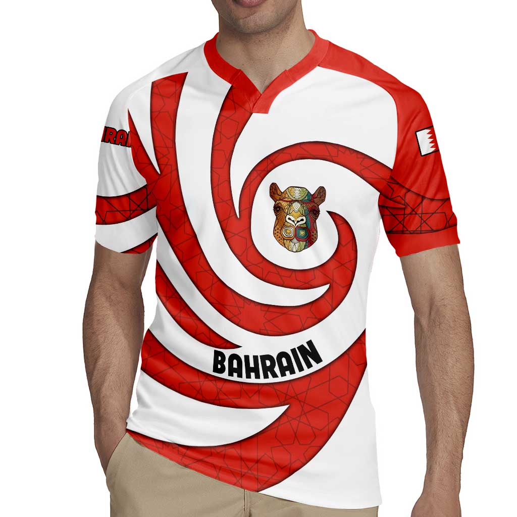 Bahrain Tribal Camel Rugby Jersey with Red Mosaic Swirl and Heritage Slogan