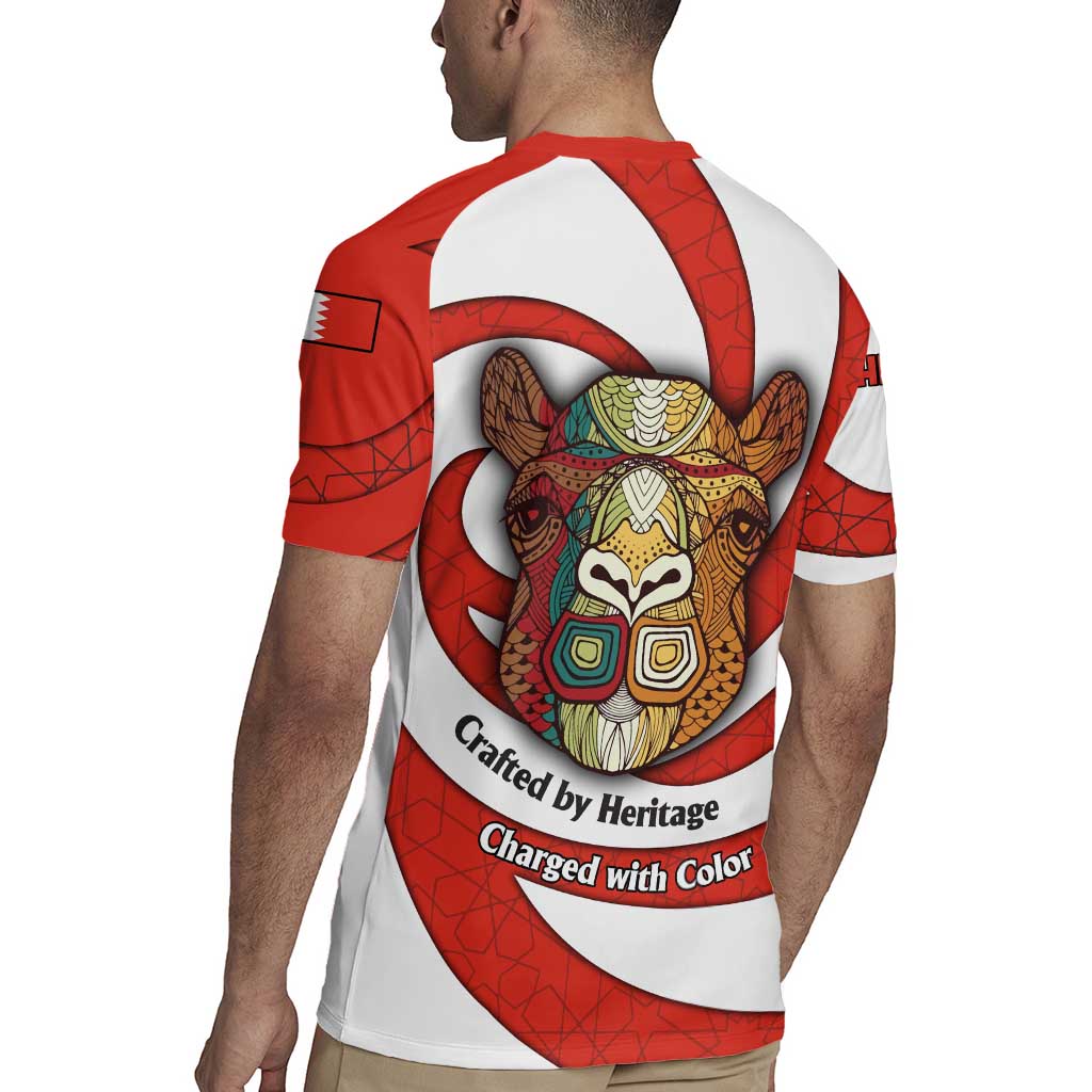 Bahrain Tribal Camel Rugby Jersey with Red Mosaic Swirl and Heritage Slogan