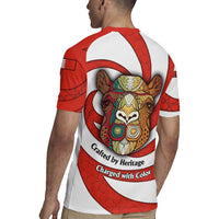 Bahrain Tribal Camel Rugby Jersey with Red Mosaic Swirl and Heritage Slogan