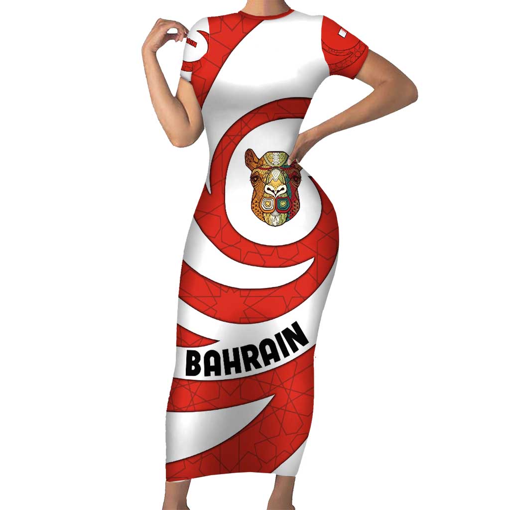 Bahrain Tribal Camel Short Sleeve Bodycon Dress with Red Mosaic Swirl and Heritage Slogan