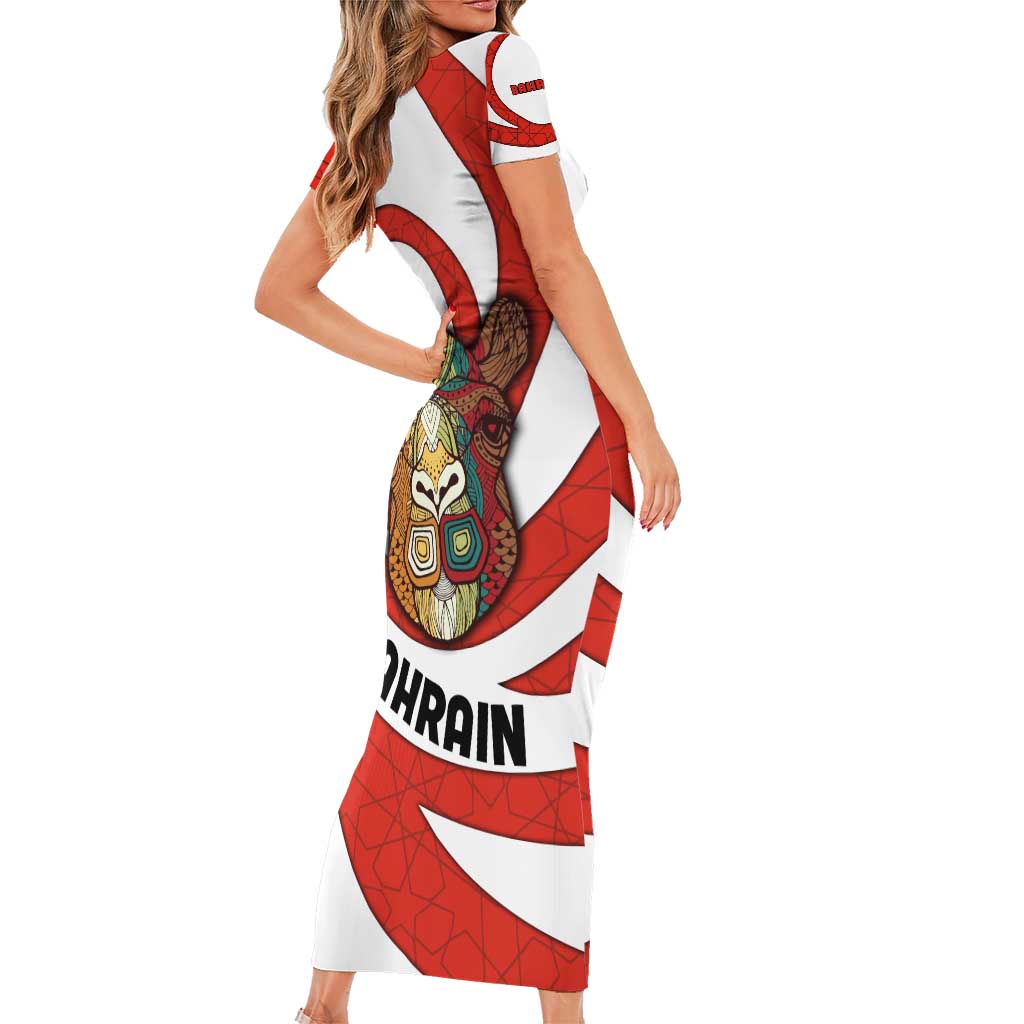 Bahrain Tribal Camel Short Sleeve Bodycon Dress with Red Mosaic Swirl and Heritage Slogan