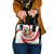 Bahrain Tribal Camel Shoulder Handbag with Red Mosaic Swirl and Heritage Slogan