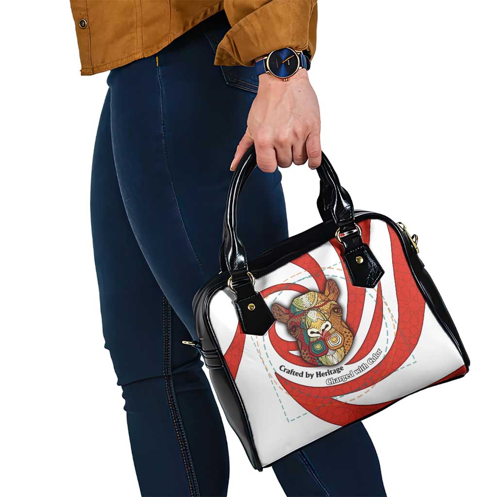 Bahrain Tribal Camel Shoulder Handbag with Red Mosaic Swirl and Heritage Slogan