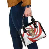 Bahrain Tribal Camel Shoulder Handbag with Red Mosaic Swirl and Heritage Slogan