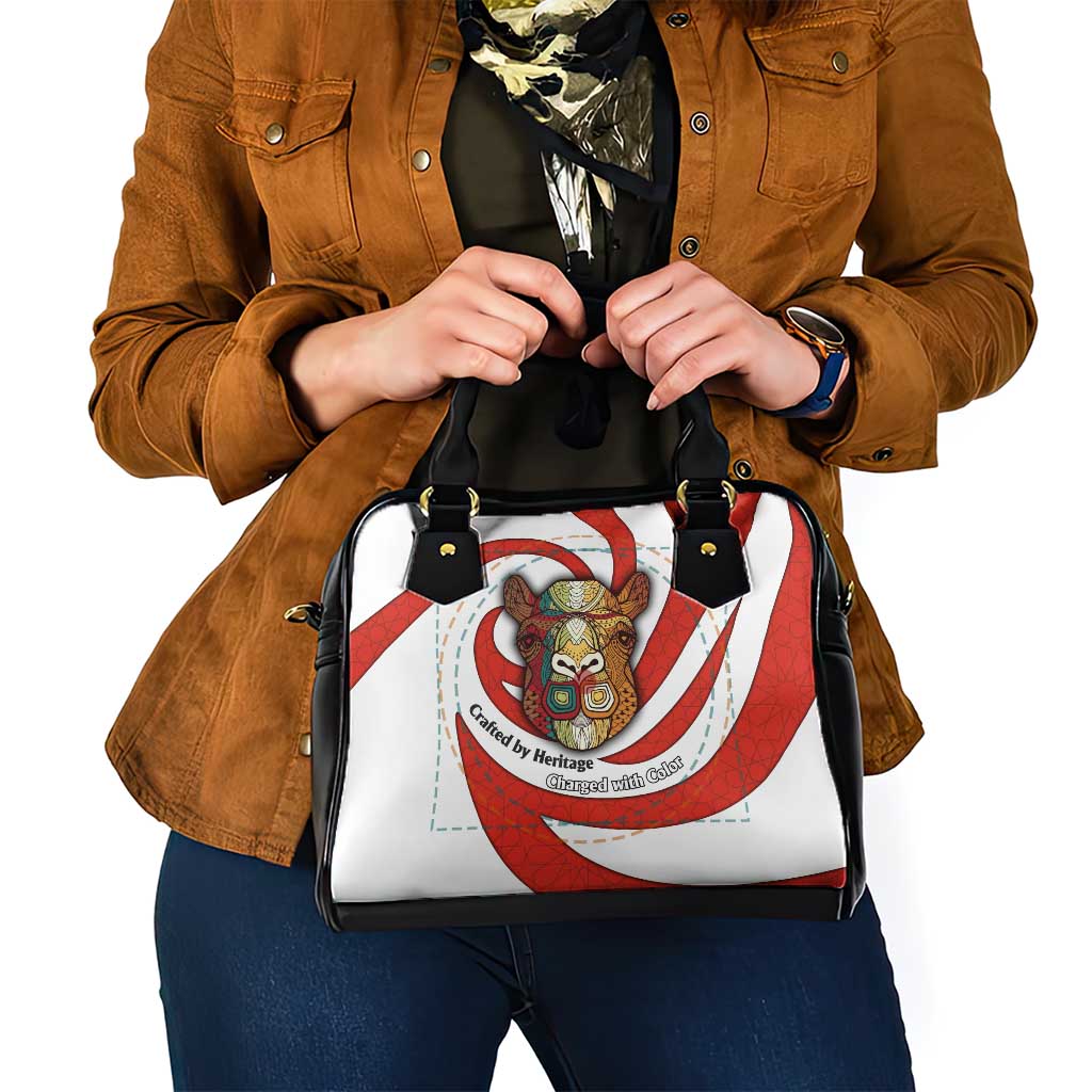 Bahrain Tribal Camel Shoulder Handbag with Red Mosaic Swirl and Heritage Slogan