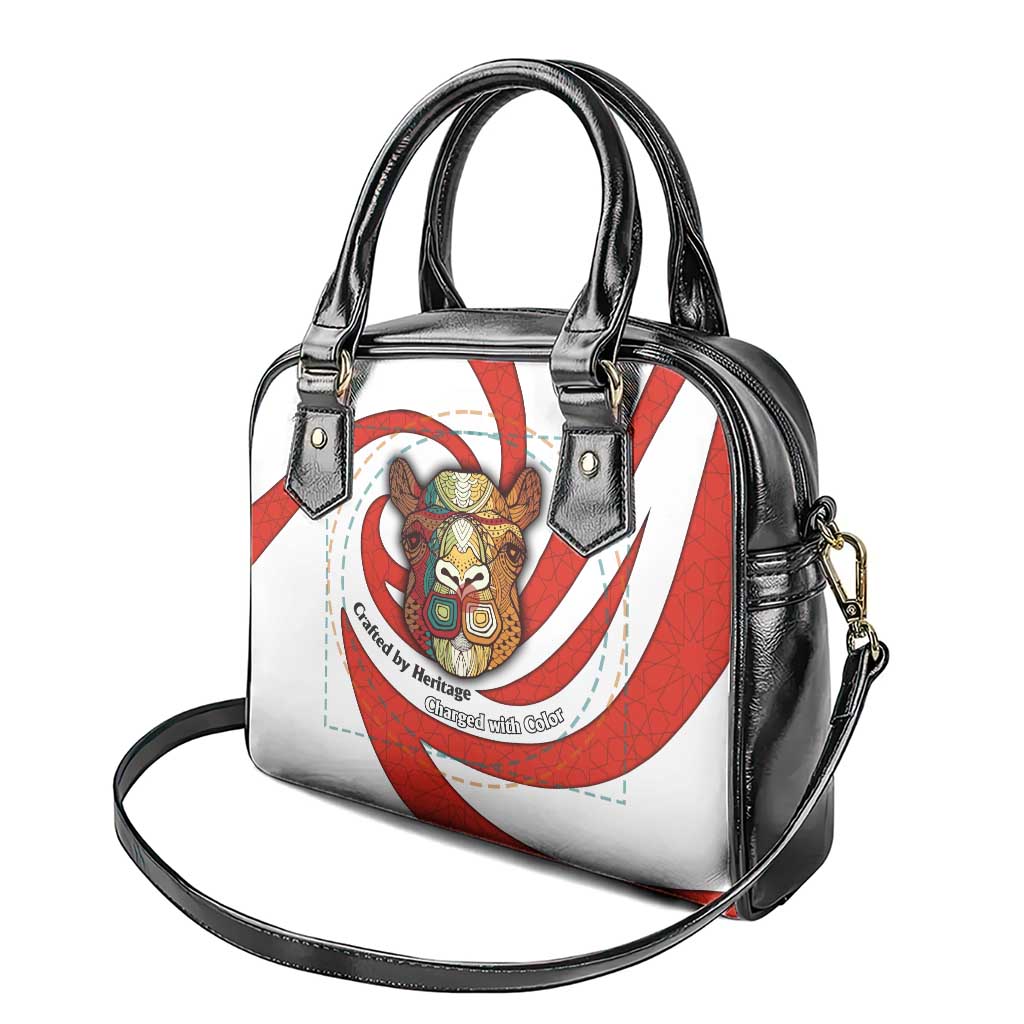 Bahrain Tribal Camel Shoulder Handbag with Red Mosaic Swirl and Heritage Slogan