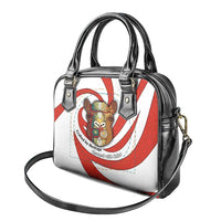 Bahrain Tribal Camel Shoulder Handbag with Red Mosaic Swirl and Heritage Slogan