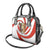 Bahrain Tribal Camel Shoulder Handbag with Red Mosaic Swirl and Heritage Slogan