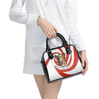 Bahrain Tribal Camel Shoulder Handbag with Red Mosaic Swirl and Heritage Slogan