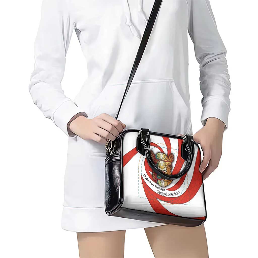 Bahrain Tribal Camel Shoulder Handbag with Red Mosaic Swirl and Heritage Slogan