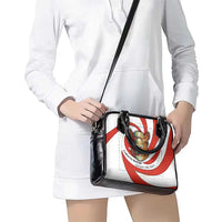 Bahrain Tribal Camel Shoulder Handbag with Red Mosaic Swirl and Heritage Slogan