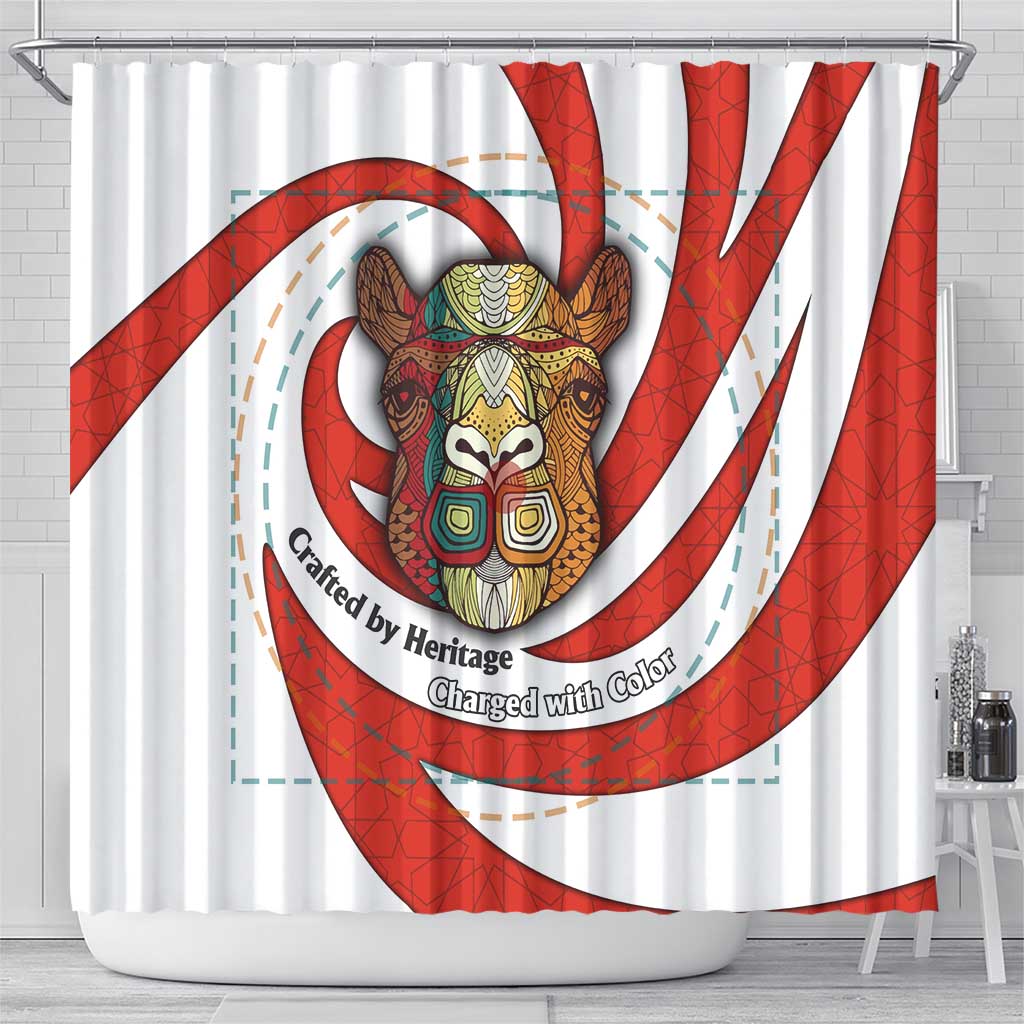 Bahrain Tribal Camel Shower Curtain with Red Mosaic Swirl and Heritage Slogan