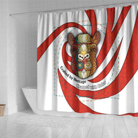 Bahrain Tribal Camel Shower Curtain with Red Mosaic Swirl and Heritage Slogan