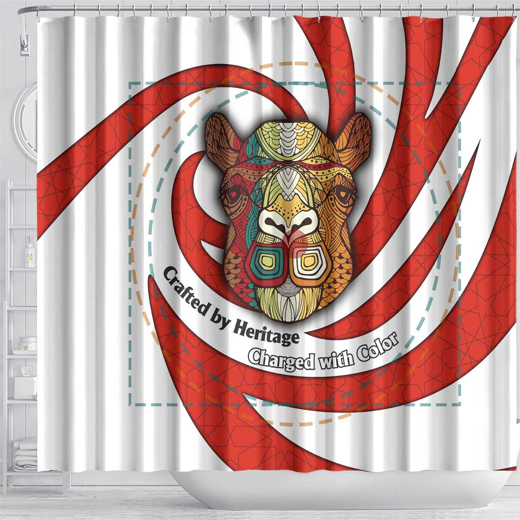Bahrain Tribal Camel Shower Curtain with Red Mosaic Swirl and Heritage Slogan