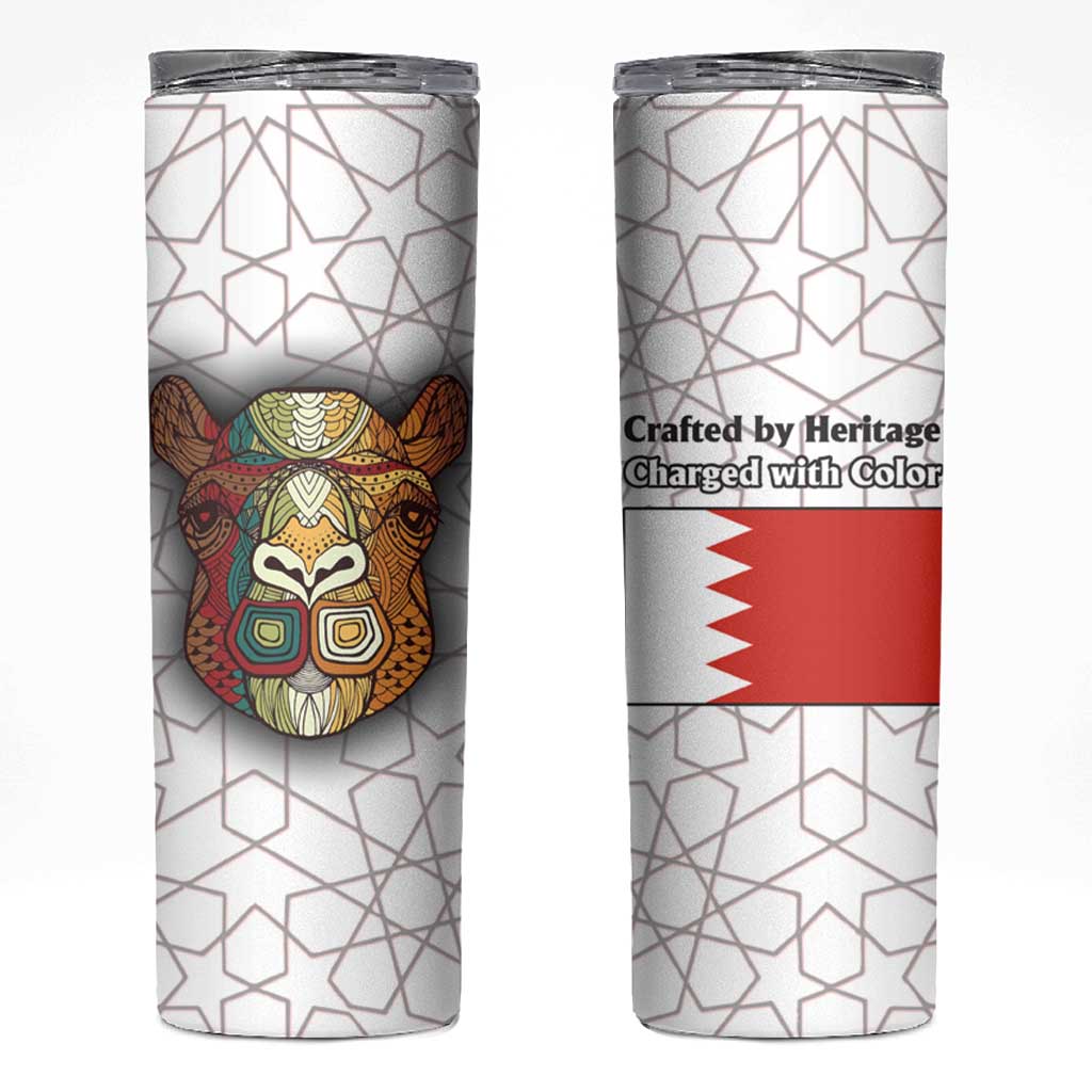 Bahrain Tribal Camel Skinny Tumbler with Red Mosaic Swirl and Heritage Slogan