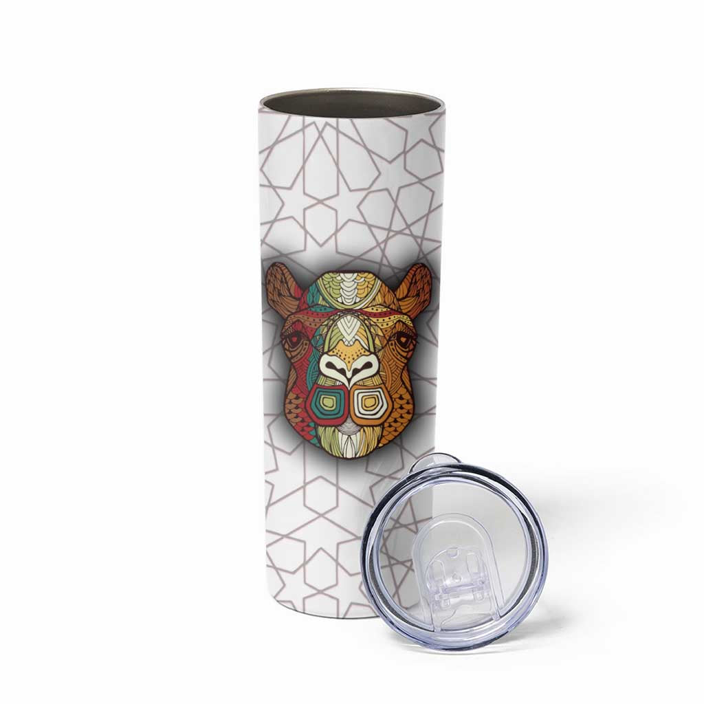 Bahrain Tribal Camel Skinny Tumbler with Red Mosaic Swirl and Heritage Slogan