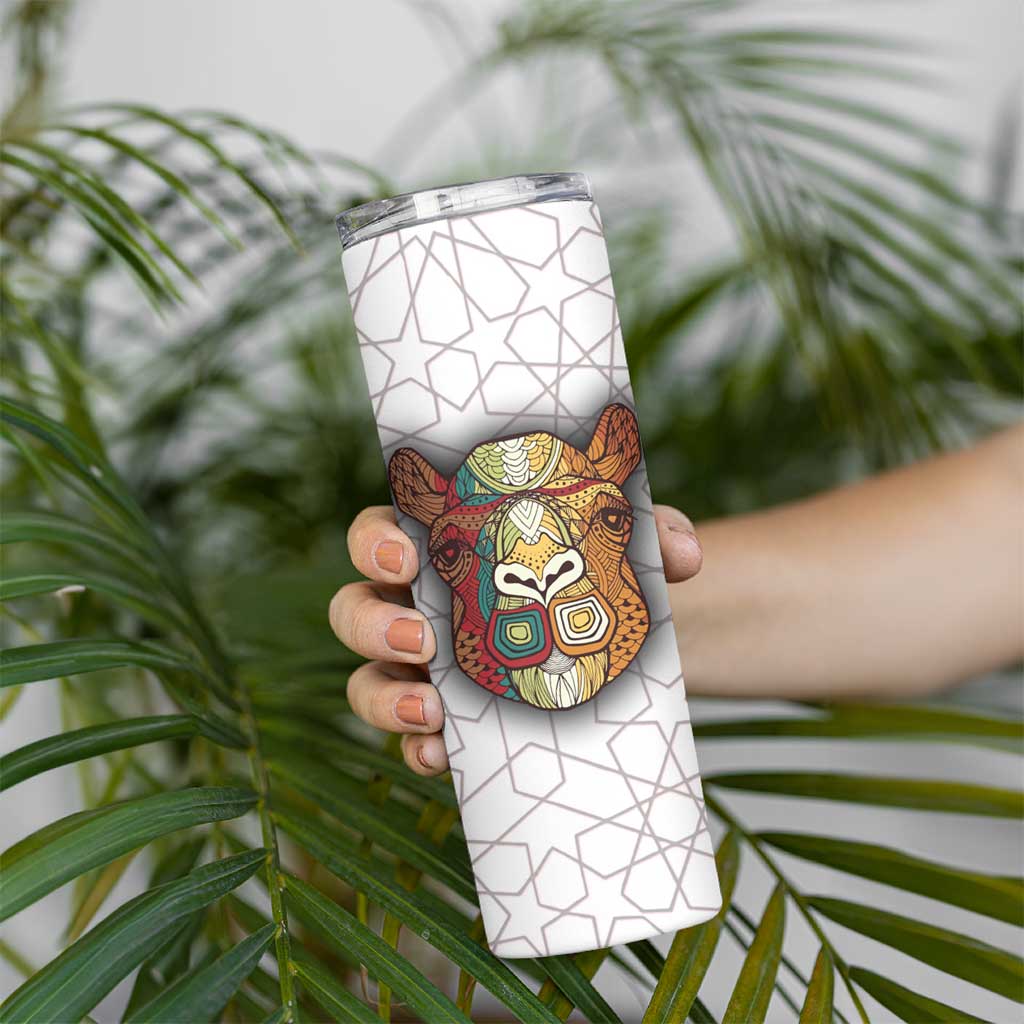 Bahrain Tribal Camel Skinny Tumbler with Red Mosaic Swirl and Heritage Slogan