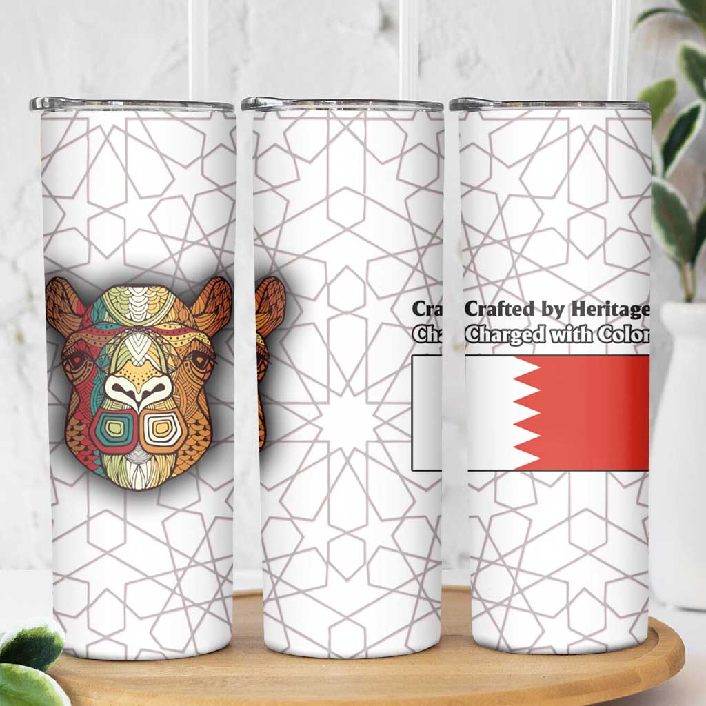 Bahrain Tribal Camel Skinny Tumbler with Red Mosaic Swirl and Heritage Slogan