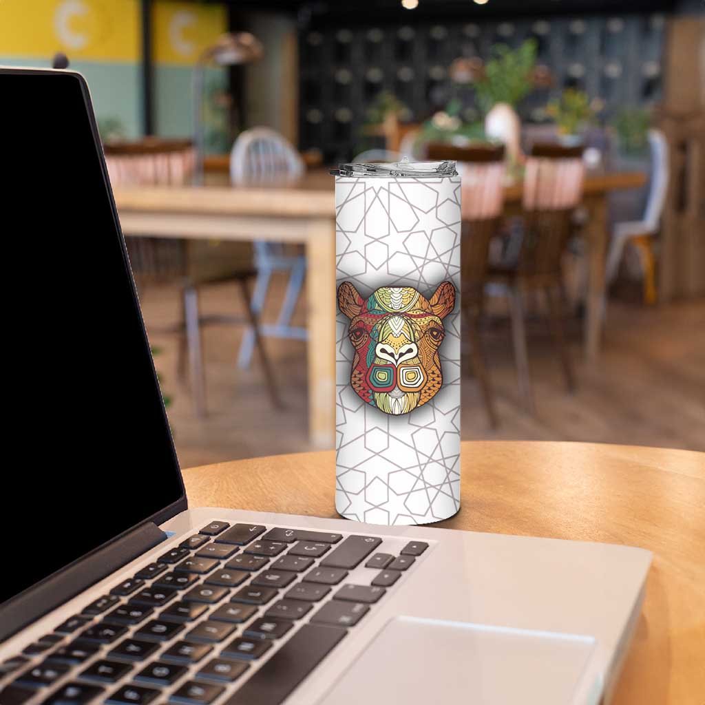 Bahrain Tribal Camel Skinny Tumbler with Red Mosaic Swirl and Heritage Slogan