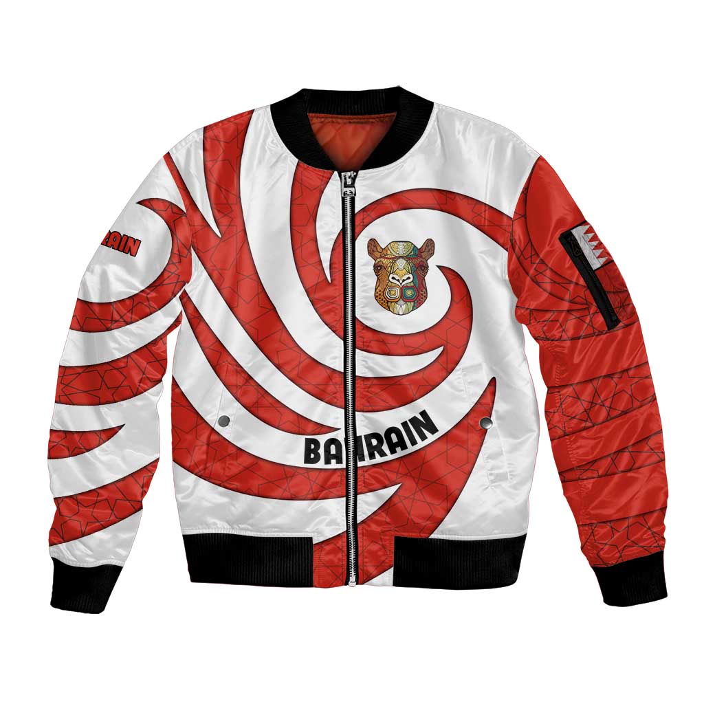 Bahrain Tribal Camel Sleeve Zip Bomber Jacket with Red Mosaic Swirl and Heritage Slogan