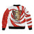 Bahrain Tribal Camel Sleeve Zip Bomber Jacket with Red Mosaic Swirl and Heritage Slogan