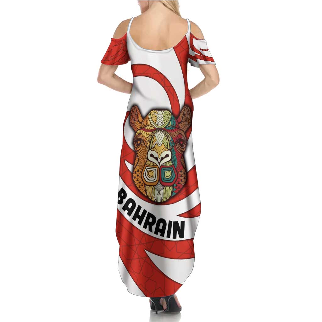 Bahrain Tribal Camel Summer Maxi Dress with Red Mosaic Swirl and Heritage Slogan