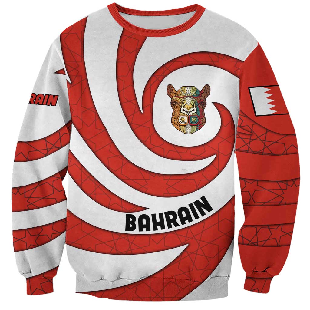 Bahrain Tribal Camel Sweatshirt with Red Mosaic Swirl and Heritage Slogan