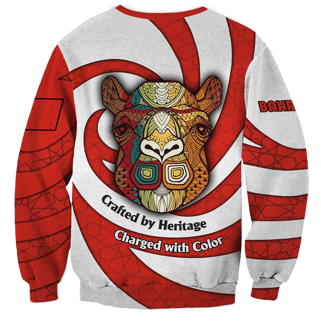 Bahrain Tribal Camel Sweatshirt with Red Mosaic Swirl and Heritage Slogan