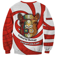 Bahrain Tribal Camel Sweatshirt with Red Mosaic Swirl and Heritage Slogan