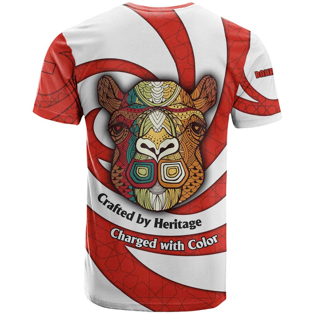 Bahrain Tribal Camel T Shirt with Red Mosaic Swirl and Heritage Slogan