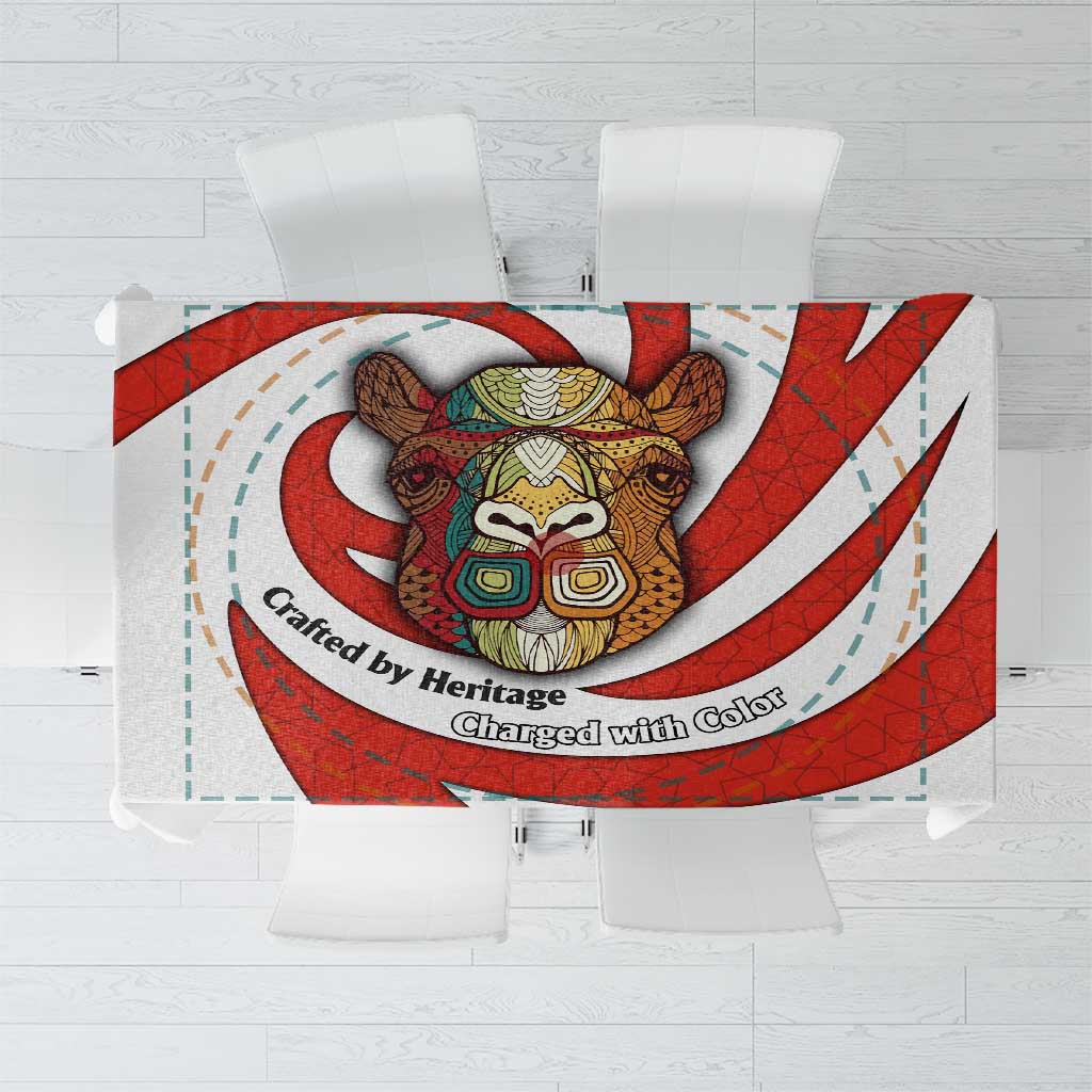 Bahrain Tribal Camel Tablecloth with Red Mosaic Swirl and Heritage Slogan