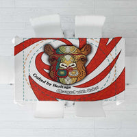 Bahrain Tribal Camel Tablecloth with Red Mosaic Swirl and Heritage Slogan