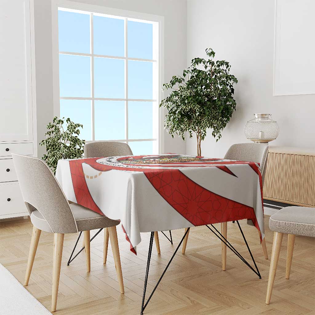 Bahrain Tribal Camel Tablecloth with Red Mosaic Swirl and Heritage Slogan