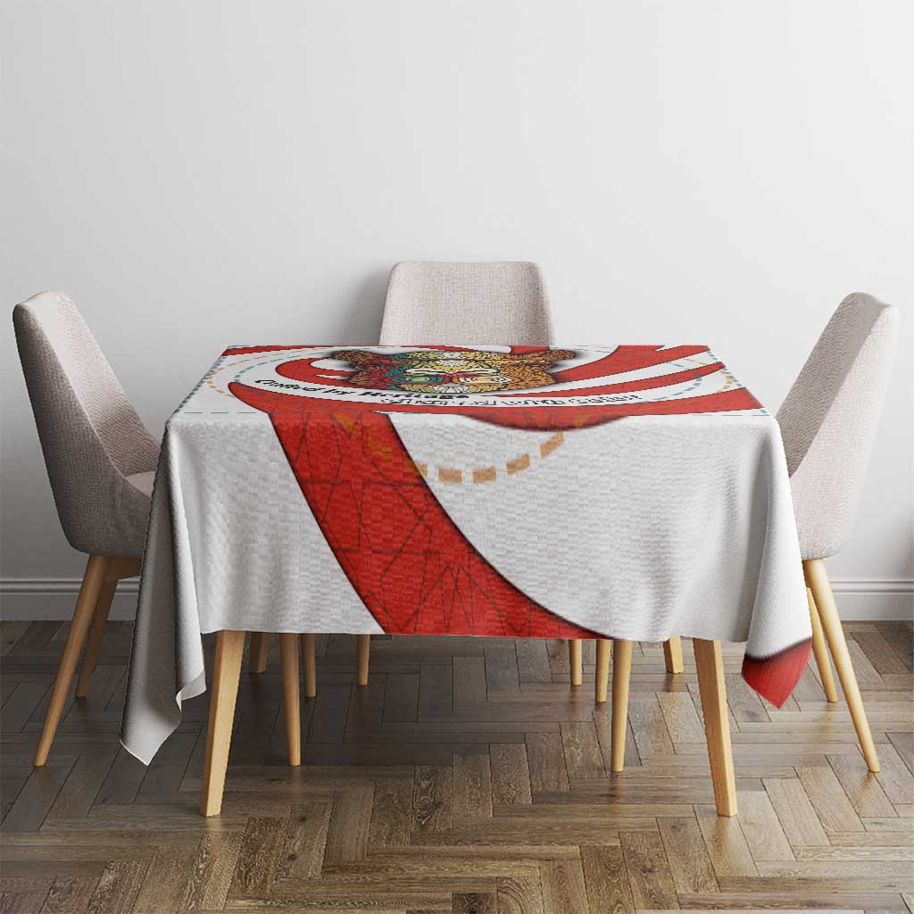 Bahrain Tribal Camel Tablecloth with Red Mosaic Swirl and Heritage Slogan