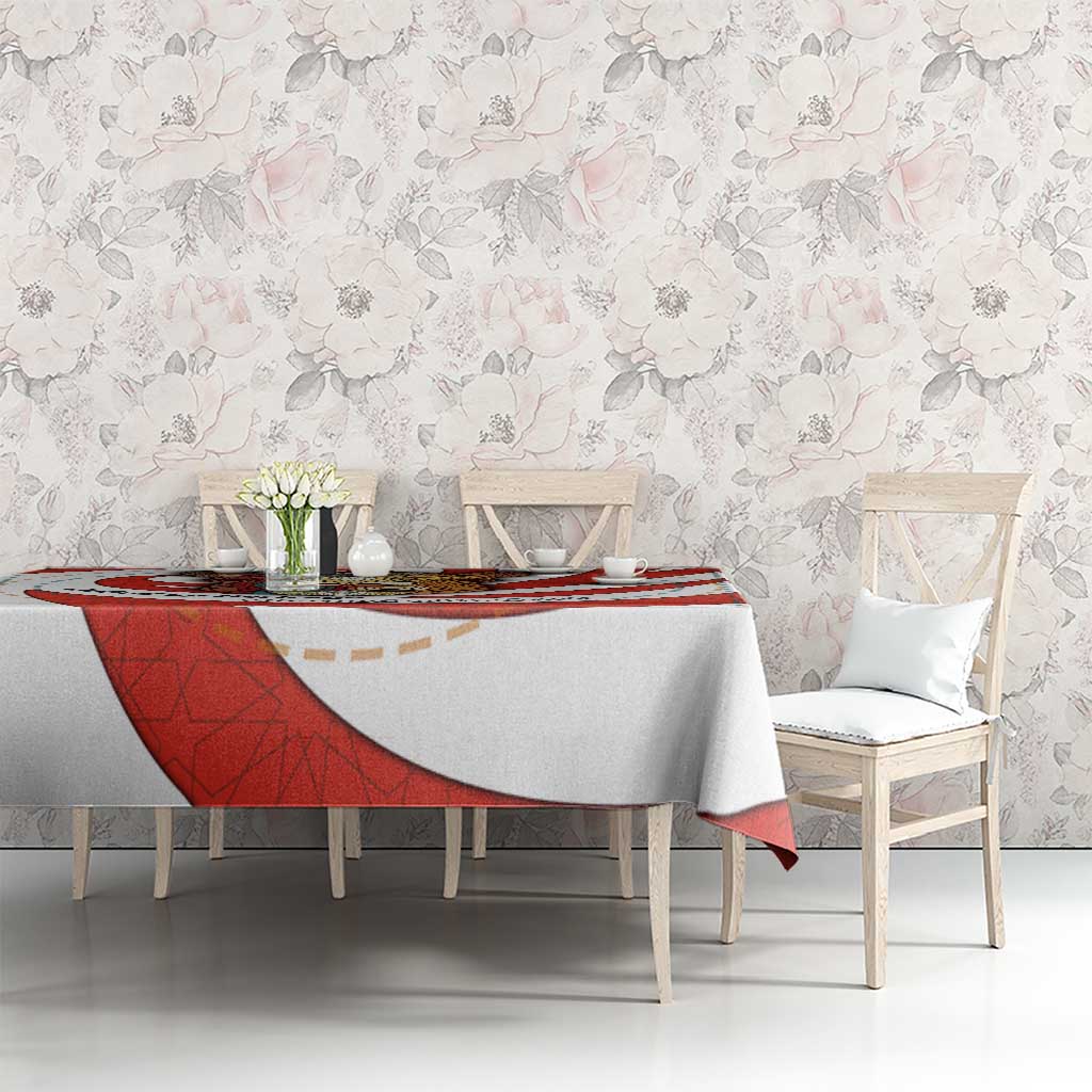 Bahrain Tribal Camel Tablecloth with Red Mosaic Swirl and Heritage Slogan