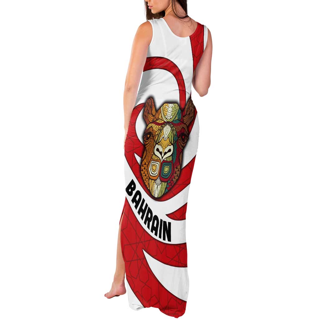 Bahrain Tribal Camel Tank Maxi Dress with Red Mosaic Swirl and Heritage Slogan