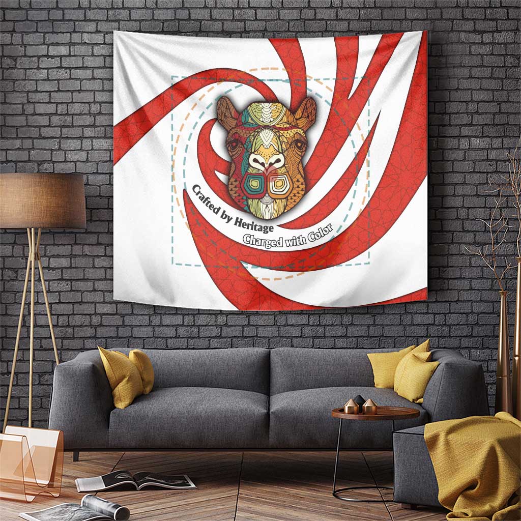 Bahrain Tribal Camel Tapestry with Red Mosaic Swirl and Heritage Slogan