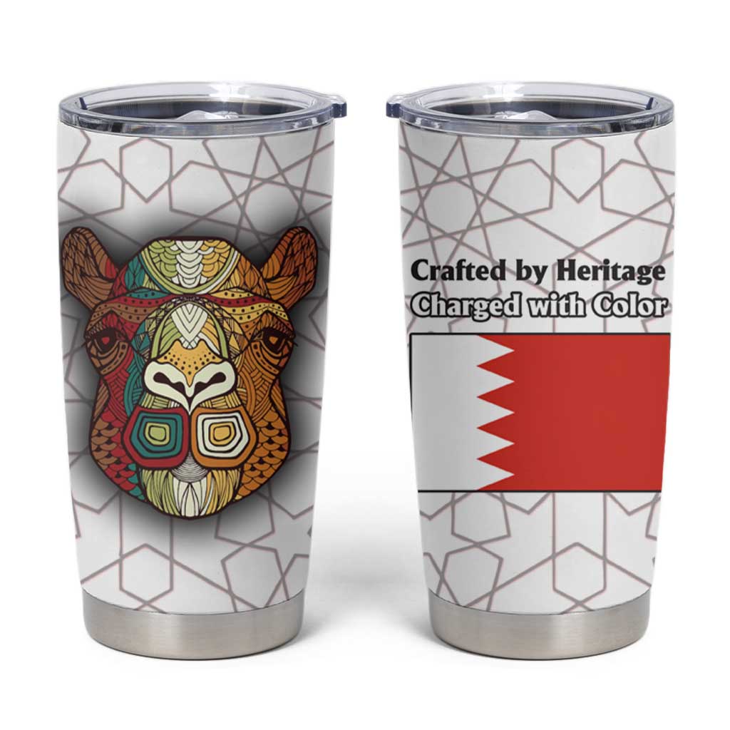 Bahrain Tribal Camel Tumbler Cup with Red Mosaic Swirl and Heritage Slogan
