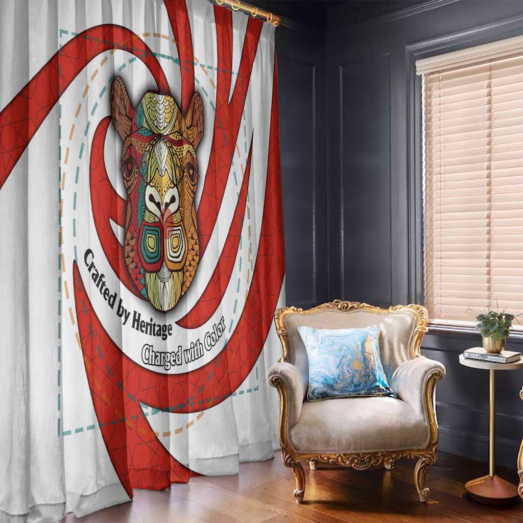Bahrain Tribal Camel Window Curtain with Red Mosaic Swirl and Heritage Slogan