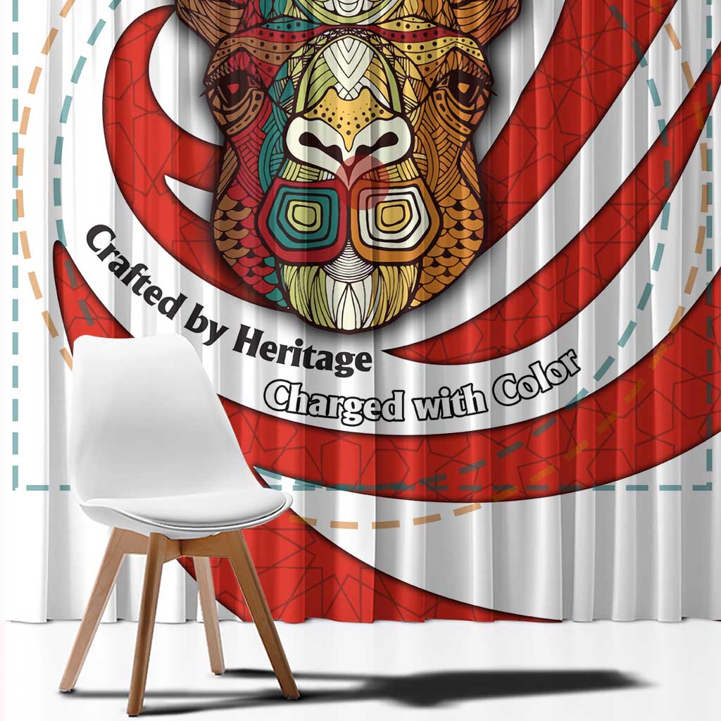 Bahrain Tribal Camel Window Curtain with Red Mosaic Swirl and Heritage Slogan